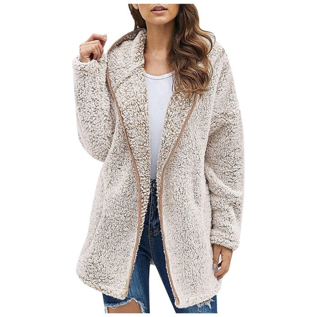 WEIYLL Womens Fleece Jacket Thick Knitted Cardigan Solid Color Sleeve Furry White Fall Tops Size L