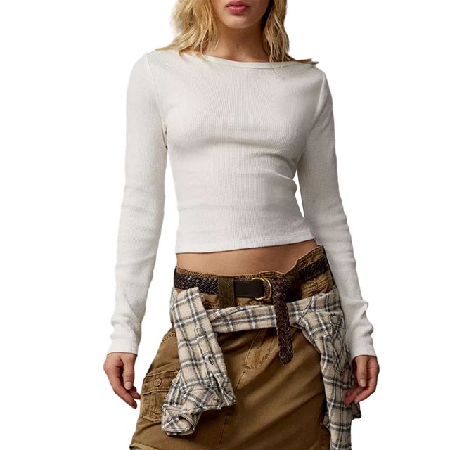 Faithtur T-shirt Femme Manches Longues Col Rond Uni/rayures Ajusté Automne Mode Urbaine