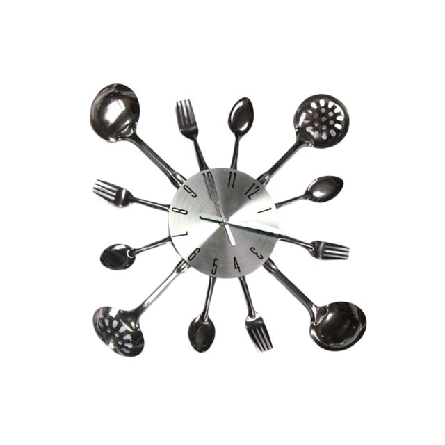 Youkk Kitchen Wall Clock Removable Spoon Fork Clocks Mirror Hanging Ornament Mute Movement Quartz Home Decor Silver