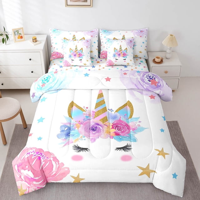 7 Piece Bed in a Bag Full Size Comforter Set for Kids Flower Girls Unicorn Bedding Set,Cartoon Unicorn Reversible Bed Set,Rainbow Unicorn Comforter with Sheet Set,All Season