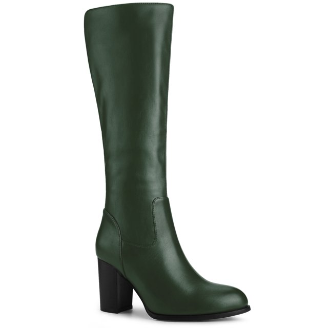 BLISSFUL STEP Bottes pour Femmes Hauteur Genou Talon Épais Bout Rond Fermeture Éclair Latérale Bottes Habillées en Faux Cuir Vert Foncé 7