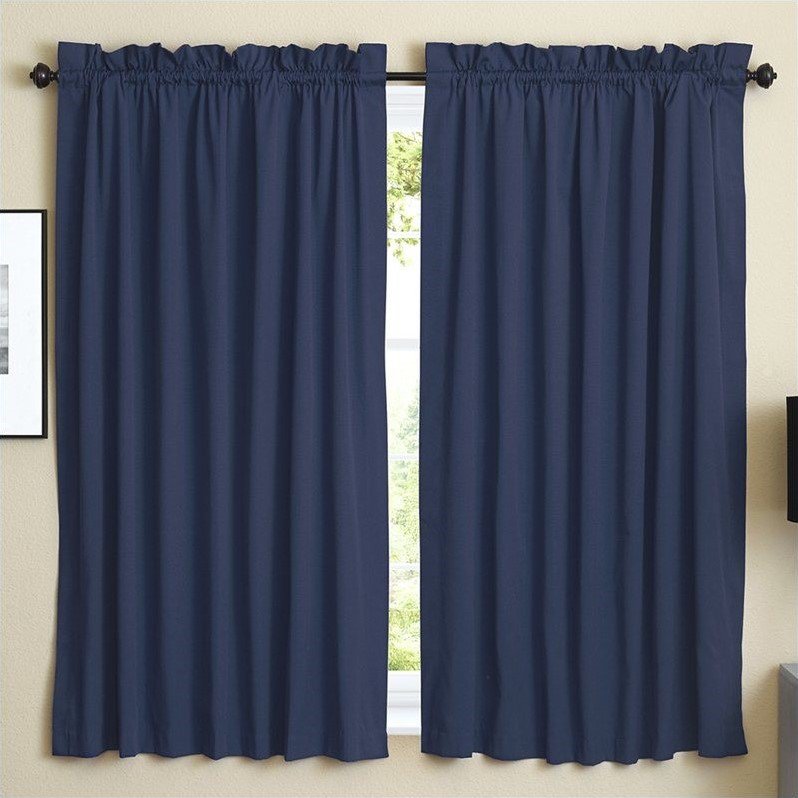 Blazing Needles Twill Drapery Panel Set with 3" Rod Pockets and Tiebacks (Set of 2), 63" by 52", Navy