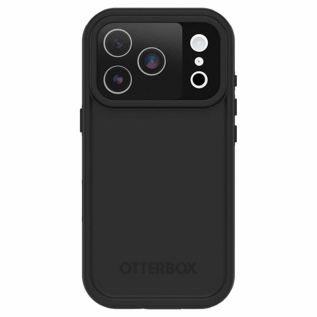 OtterBox Fre MagSafe Case Black for iPhone 17 Pro, rear view with matte black finish, precise cutouts for triple camera lenses and flash, integrated screen protector, built-in magnets for MagSafe compatibility, and reinforced drop protection meeting military standards, ideal for active use and secure MagSafe charging.