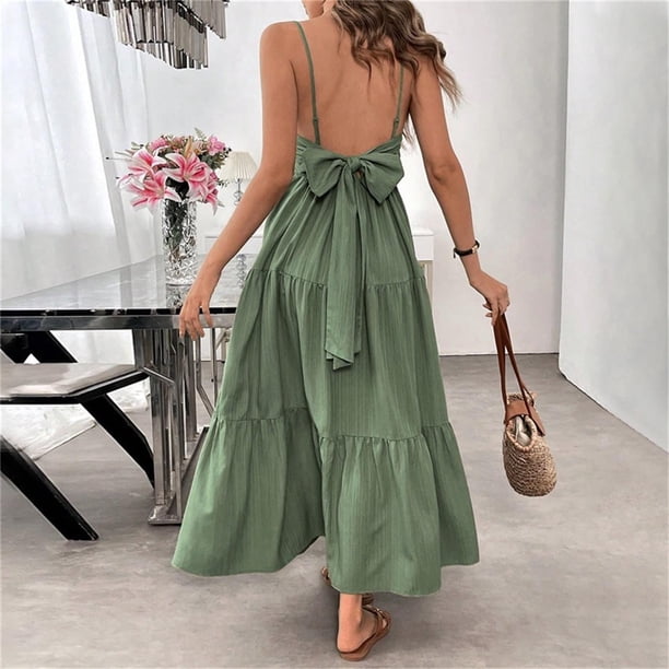 Sentmoon Spring Wedding Guest Dress Spaghetti Strap Solid Color Plus Size Summer Dress Crew Neck Sleeveless Regular Fit Bow Beach Vacation Dresses Basic for Club and Bar Green M