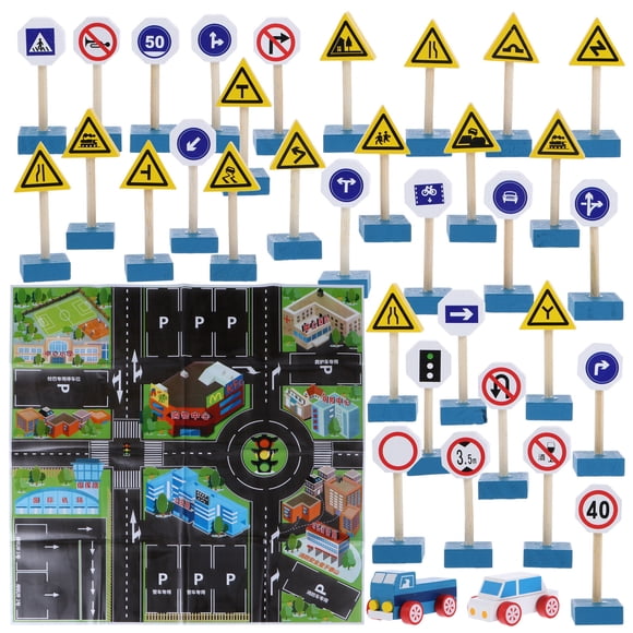 1 Ensemble Jouets de Signalisation Routière pour Enfants Simulation en Bois Panneaux de Circulation Blocs de Construction
