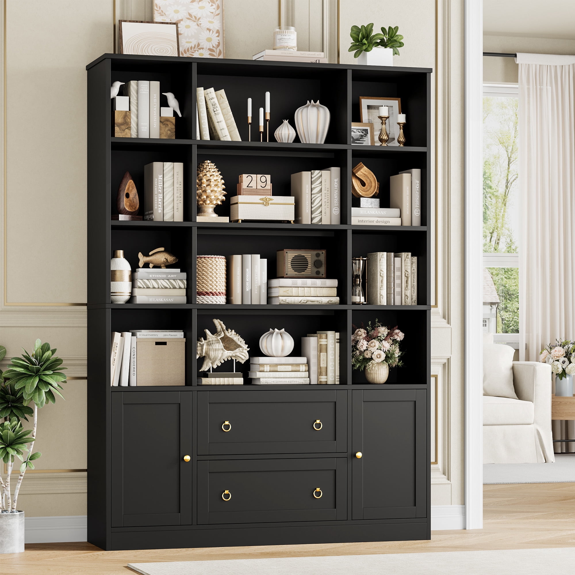 Homfa 71″ Tall Bookcases with Storage Drawers & Doors, 12 Cubes 4-Tier Triple Row Bookshelf, Black Bookcase for Living Room Home Office