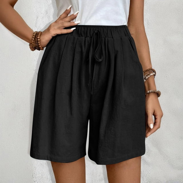 Gspmoly Shorts de Bain pour Femmes, Mode Printemps Été Décontractée Couleur Unie à Cordon, Shorts en Lin pour Femmes, Shorts Grande Taille pour Femmes jusqu'à 60 % de Rabais Noir m