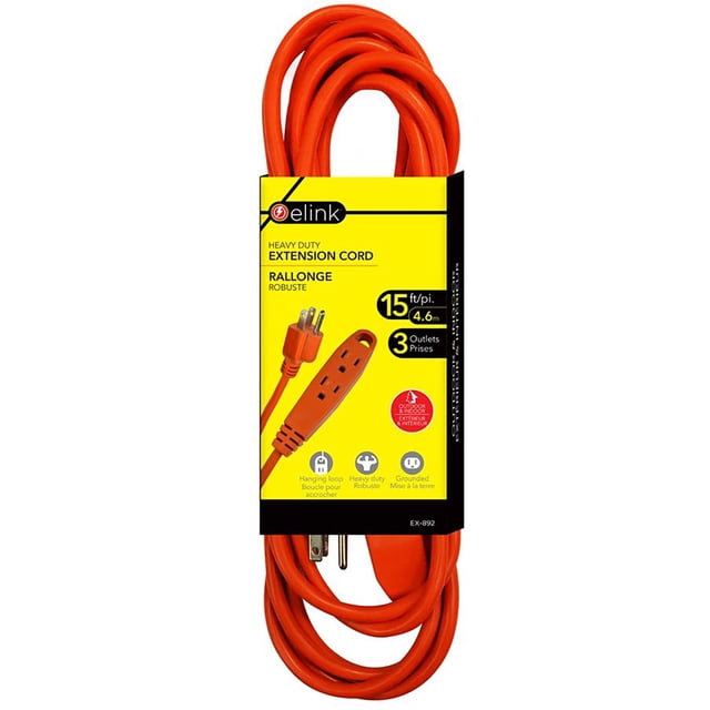 Elink - Rallonge Électrique d'Extérieur à 3 Prises, Longueur de 15 Pieds, Orange