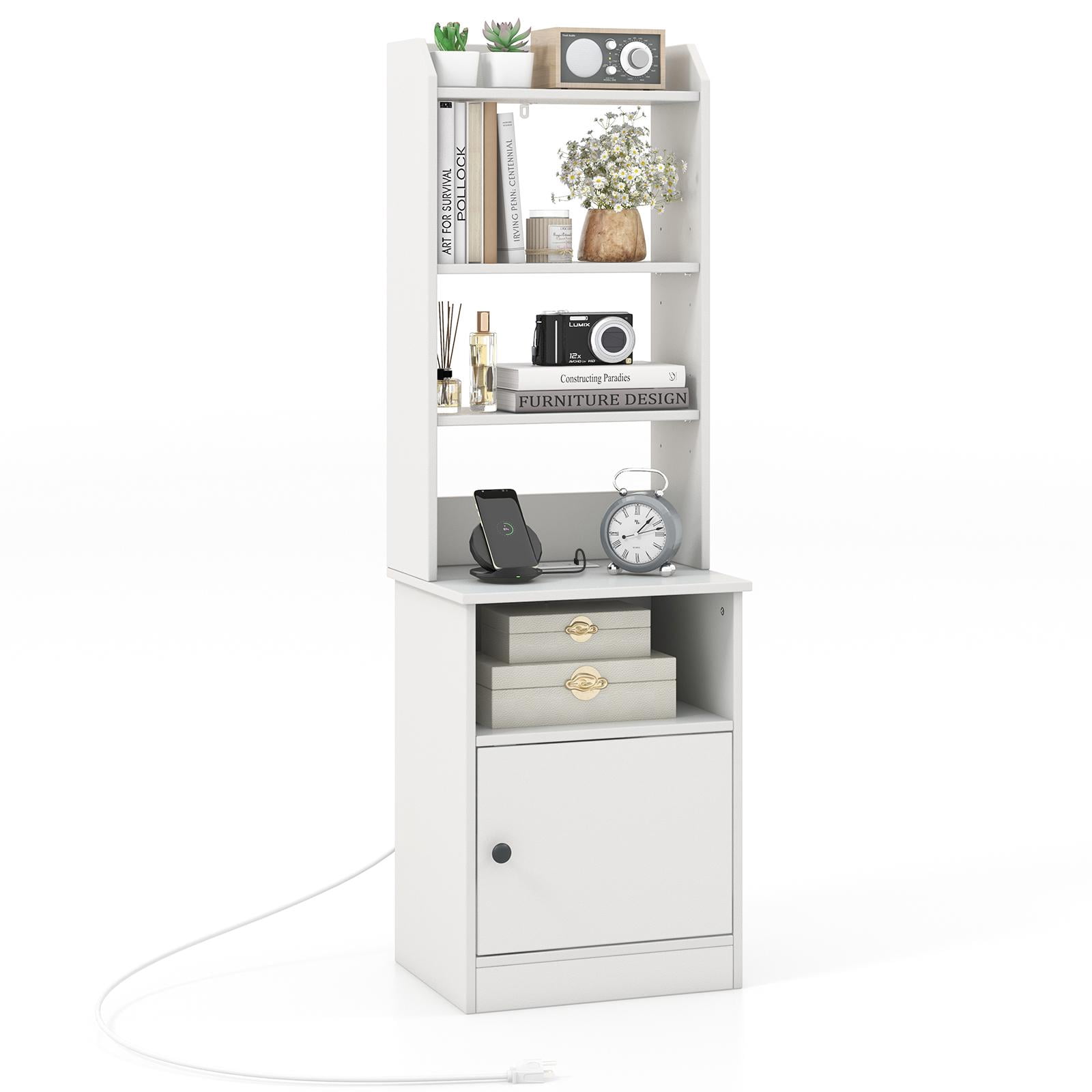 Giantex Table de Chevet avec Station de Recharge, Table de Chevet Haute, Table d'Extrémité Bibliothèque avec Tablettes Ajustables, Blanc
