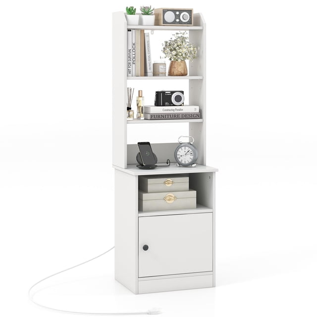 Giantex Nightstand w/Charging Station, Tall Bedside Table, End Table Bookcase w/Adjustable Shelves, White