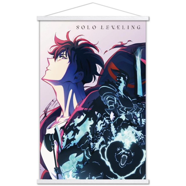 Solo Leveling: Season 2 - Teaser Key Art Wall Poster with Magnetic Frame, 22.375" x 34" featuring an anime character with red and black hair looking upward, surrounded by glowing blue and black armored figures and a roaring bear, printed on glossy poster paper with a white magnetic wood frame, suitable for wall art and room decor.