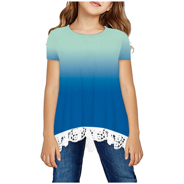 Mefallenssiah Chemise Fille Col Rond Superposé Imprimé Floral Manches Courtes Mignon Blouse Enfants Tee top en Dentelle