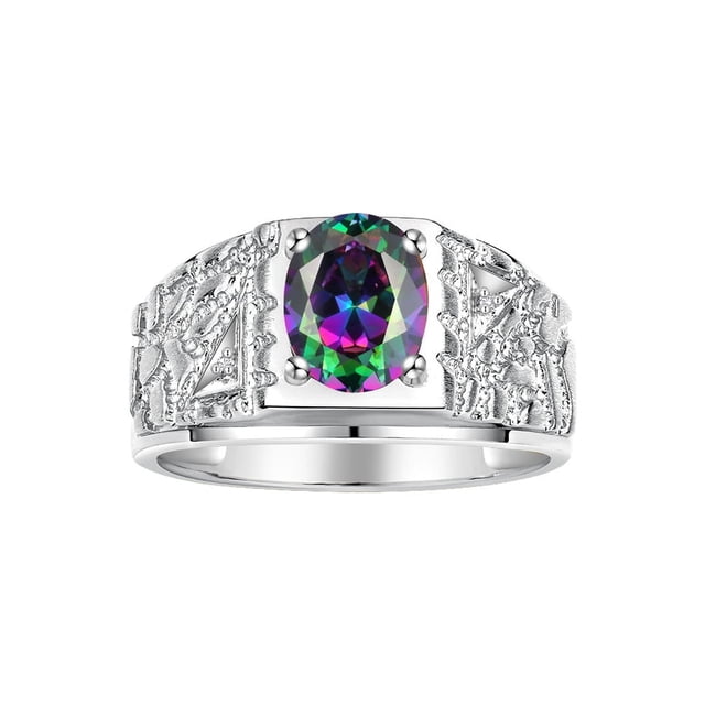 RYLOS Men's Rings Sterling Silver Designer Nugget Ring Oval 9X7MM Gemstone & Diamonds Alexandrite June Birthstone Rings For Man Size 10