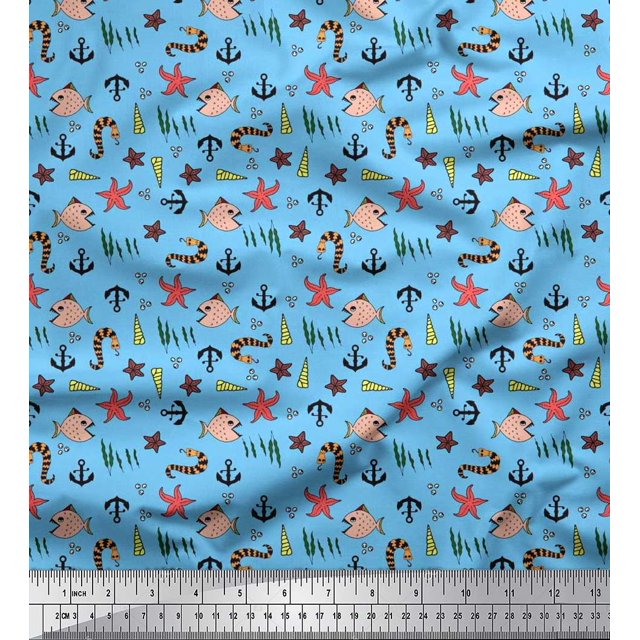 Soimoi Rayon Fabric Anchor Hook,Shell & Starfish Ocean Print Fabric by Yard 42 Inch Wide