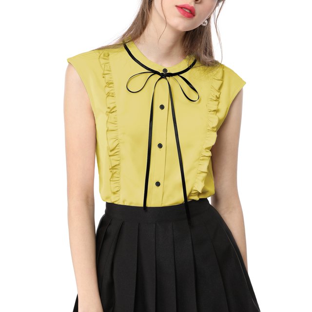 INSPIRE CHIC Women's Tie Neck Cap Sleeve Button Down Ruffle Summer Shirts