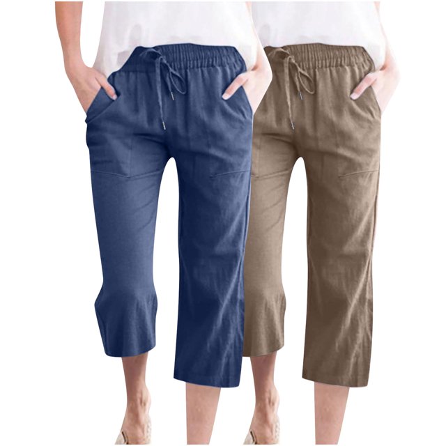 Timegard 2pc Capri Pants for Women Cotton Linen Elastic Waist Loose Lounge Crop Pants Pockets Solid Color