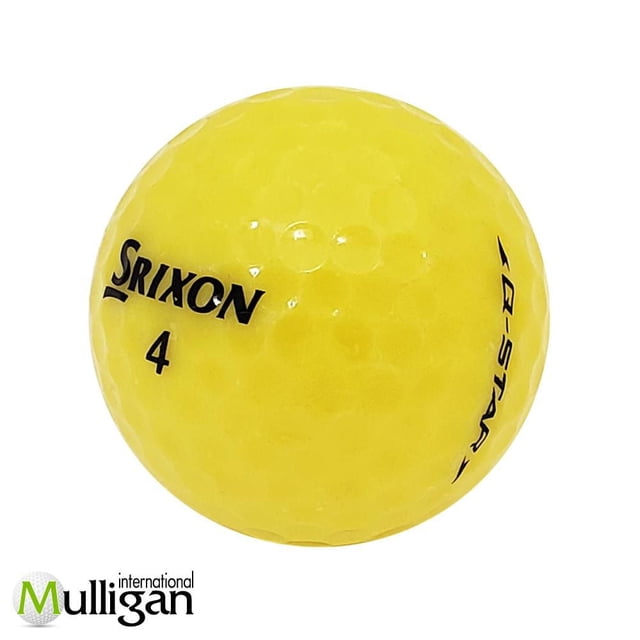 Mulligan - 48 Srixon Q-Star 5A Recycled Used Golf Balls, Yellow, close-up of a single yellow golf ball with black Srixon branding and number 4, showing dimpled surface texture. Eco-friendly recycled golf ball ideal for advanced players and suitable for practice rounds.