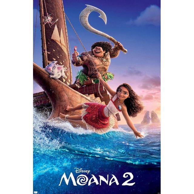 Disney Moana 2 - One Sheet Wall Poster, 22.375" x 34" framed depicting a Polynesian man with tribal tattoos holding a large curved fish hook on a wooden sailboat with a patterned sail, accompanied by a small pig and rooster, while a young girl in a red and white traditional dress leans over the ocean waves at sunset with rocky islands in the background, suitable for tropical-themed home décor and party wall art.