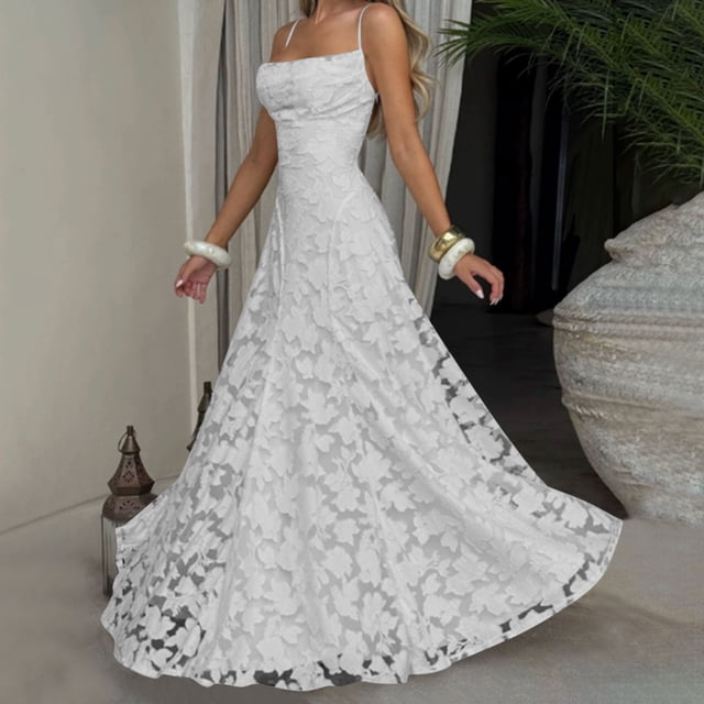 Xdegoge Robe Maxi Formelle pour Femmes Sans Manches à Encolure Carrée à Bretelles Spaghetti en Dentelle Florale Robes Élégantes Coupe Ajustée Soirée Fête Longues Robes Fluides Légères Été Vacances Invitée de Mariage Robes