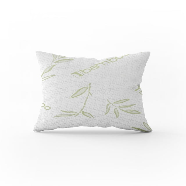 Chelsea Loft Bamboo 2 Pack Pillows - Queen, featuring a soft and breathable cover made of 35% rayon from bamboo and 65% polyester. The pillow is filled with 100% polyester fiber for plush comfort and is hypoallergenic and eco-friendly. The white cover has a subtle bamboo leaf pattern in light green, adding a natural aesthetic. Suitable for queen-sized beds.