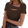 thumbnail image 2 of Lenpel T Shirts for Women Fashion Summer Short Sleeve Cutout Ribbed Knit Solid Color Slim Basic Tees Going out Tops, 2 of 7