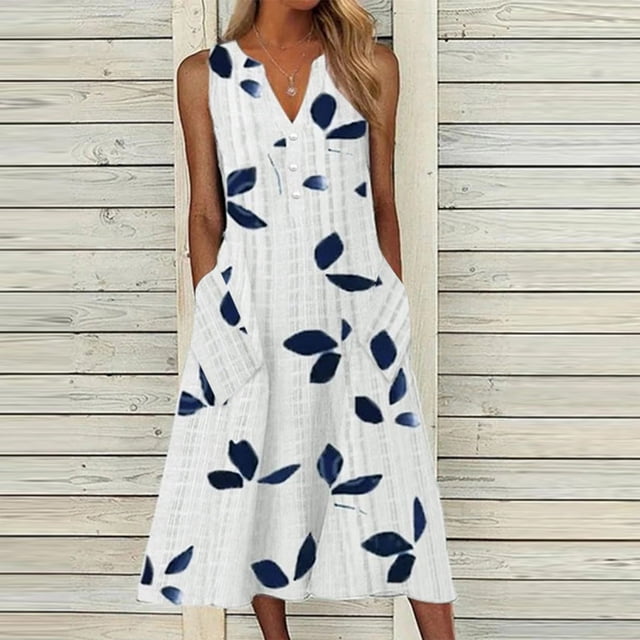 EGNMCR Robes d'Été pour Femmes Tendance 2024 Robe d'Été Décontractée pour Femme à Col en V Sans Manches avec Poche à Imprimé Feuilles et Rayures