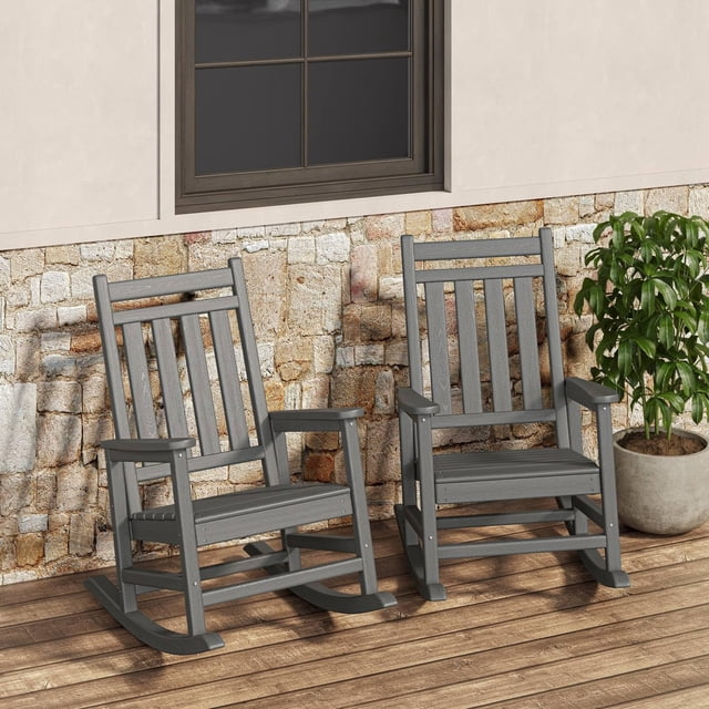 2-Piece HDPE Outdoor Rocking Chair Set - High Back Porch Rockers for Adults, All-Weather Resistant for Patio & Front Porch - Gray
