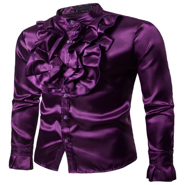 Men Satin Ruffle Shirts Long Sleeve Stand Collar Slim Fit Dress Shirt