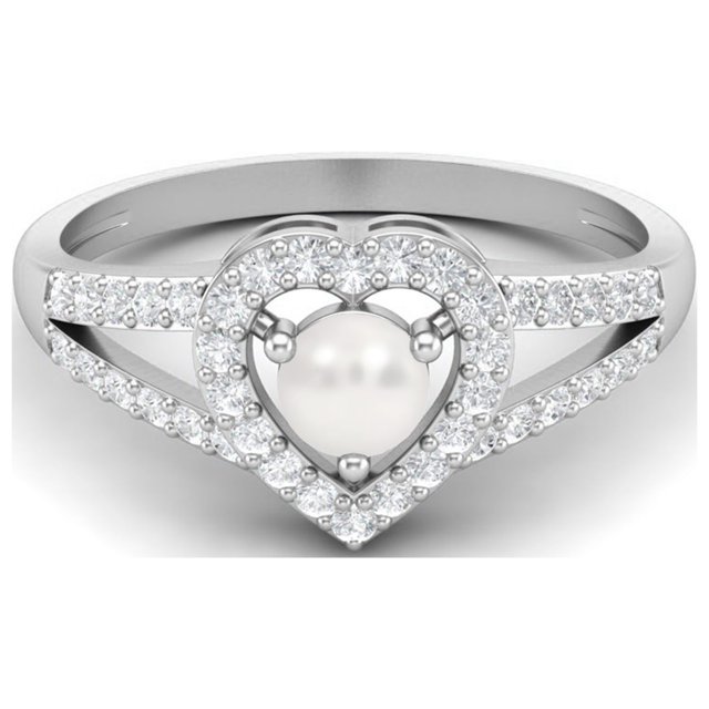0.83 Cts Round Pearl Gemstone Heart Shape 925 Sterling Silver Solitaire With Accent Split Shank Wedding Rings