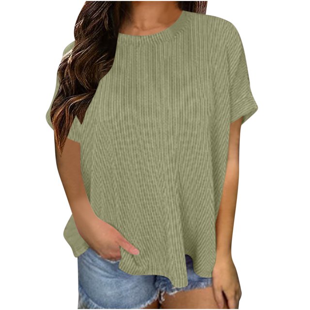 Besolor Women's Short Sleeve Shirts Crewneck Ribbed Knit T Shirt Solid Color Basic Tee Tops Fashion Summer Outfits