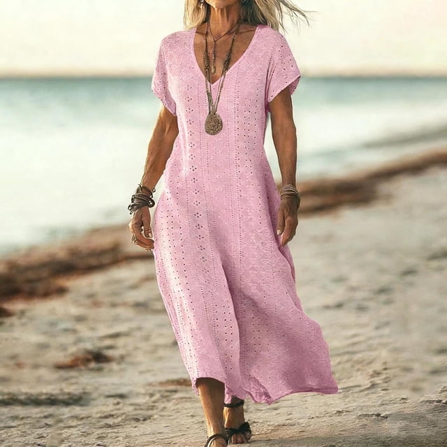 Roncen Robes à Oeillets de Printemps pour Femmes 2026 Été Décontractées à Manches Courtes Robe Maxi Ample à Col en V Ajourée Robes Fluides
