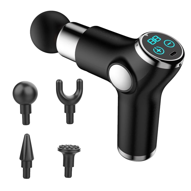 Muscle Therapy Device for Athletes Body Muscle Massager Handheld Massager in black, featuring 32 adjustable strength levels and 4 detachable massage heads. The ergonomic design includes a comfortable, sweat-proof grip and a digital display for easy control. Comes with a rechargeable lithium battery for long usage, auto power-off after 15 minutes for safety, and operates quietly under 45dB. Includes a Type-C charging cable and user manual.