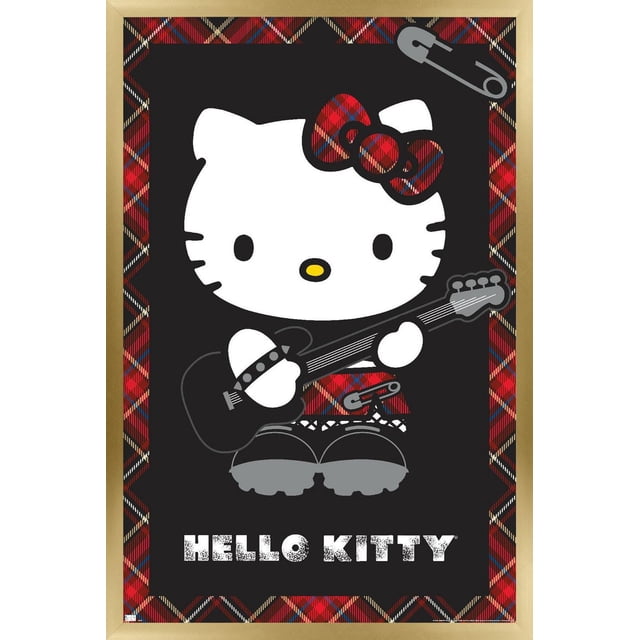 Hello Kitty - Affiche Murale Punk, 22,375 Po x 34 Po, Représentant Hello Kitty Tenant une Guitare Électrique Noire, Portant un Nœud et une Jupe à Carreaux Rouges et Noirs avec un Détail d'Épingle de Sécurité, Ensemble sur Fond Noir avec une Bordure à Carreaux Assortie et le Texte « Hello Kitty » Ci-Dessous, Convient à la Déco Maison et à l'Art Mural.