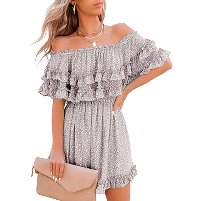 Women‘s Summer Off Shoulder Dress Pleated Flowy Neck Belt Printed Dress