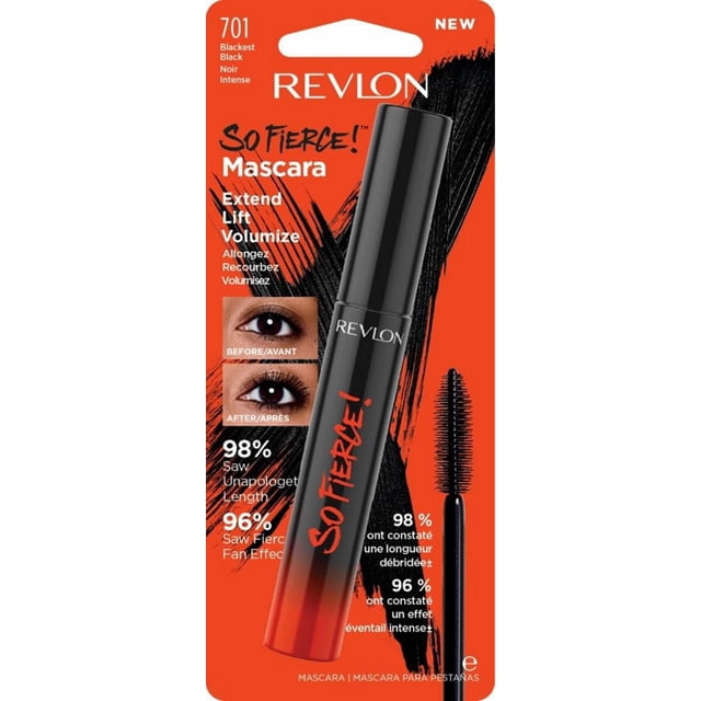 Revlon So Fierce Mascara in Blackest Black 701 shown in black and red ombre tube on orange background with before and after lash images demonstrating extended, lifted, and volumized lashes. The tapered wand with 252 multilayered bristles ensures clump-free, smudge-proof application with lash lifting polymers for bold eye definition.