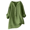 thumbnail image 1 of RKSTN Womens Tops Cotton and Linen V-Neck Long Sleeve Three Buttons Plus Size Tops Loose Fit Solid Color Basic Breathable Summer Tops Blouses, 1 of 5