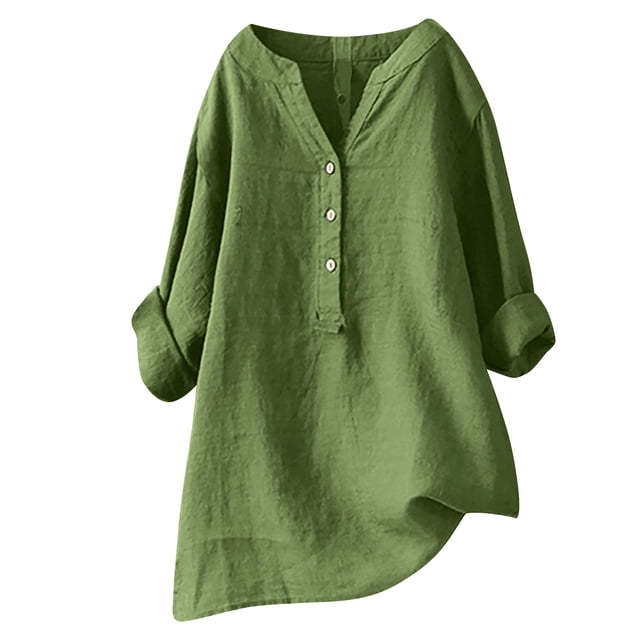 RKSTN Womens Tops Cotton and Linen V-Neck Long Sleeve Three Buttons Plus Size Tops Loose Fit Solid Color Basic Breathable Summer Tops Blouses