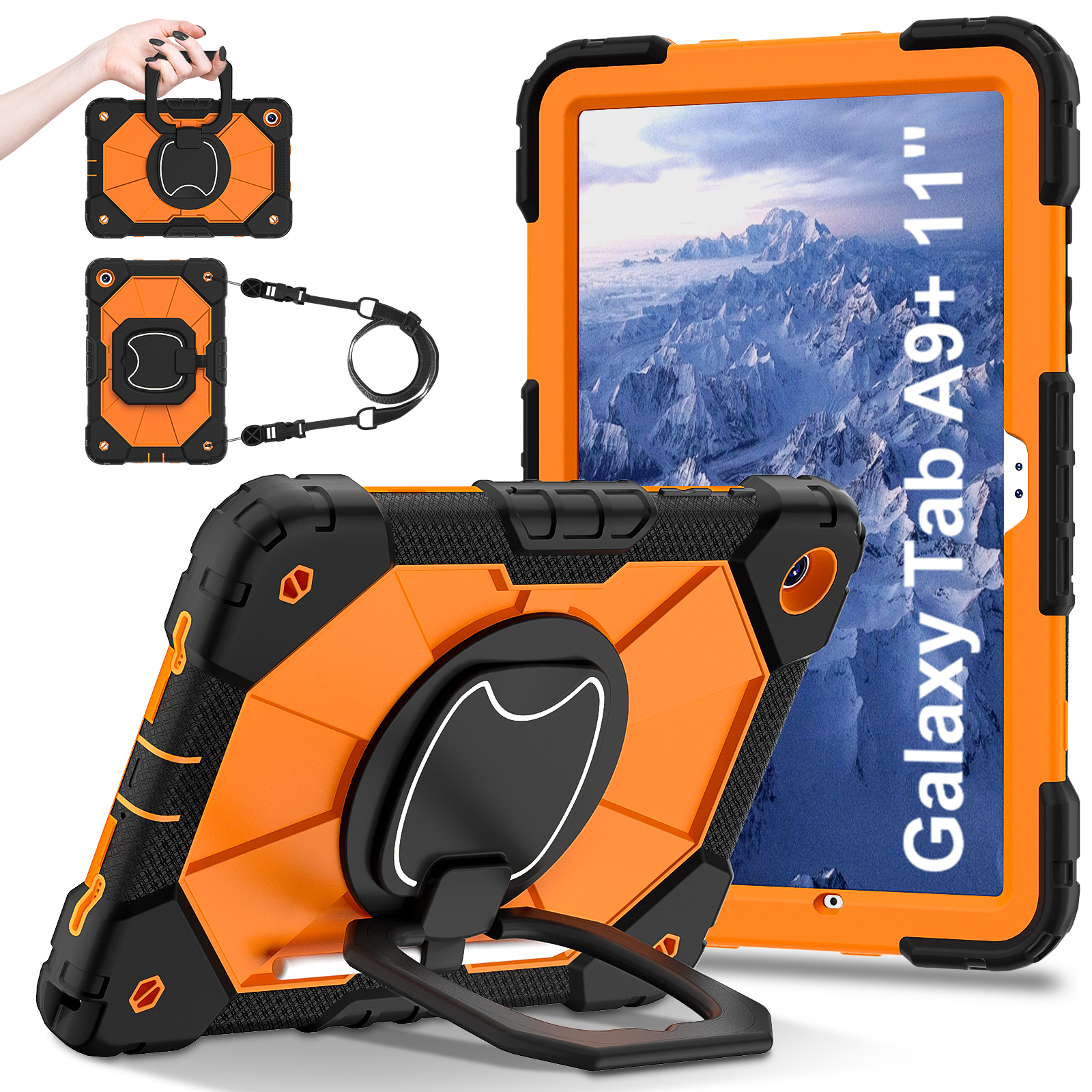 Allytech for Galaxy Tab A9 8.7" Case SM-X110 X115 2023, Rugged Shockproof Kids Friendly Kickstand Handle Grip Shoulder Strap Bumper Tablet Case for Samsung Galaxy Tab A9 - Black+Orange