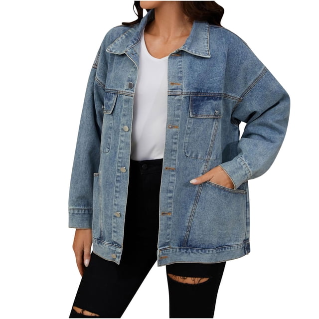 Posijego Veste en Denim pour Femme Tendance à Manches Longues à Revers Boutonnée Vestes en Jean Mode Décontractée Manteau