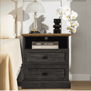 FIAKOA Night Stand with Charging Station,Bedside Table with 2 Drawers Storage and Open Shelf, Nightstand with Outlets, Modern Wood End Table for Bedroom Office (1, Espressor)