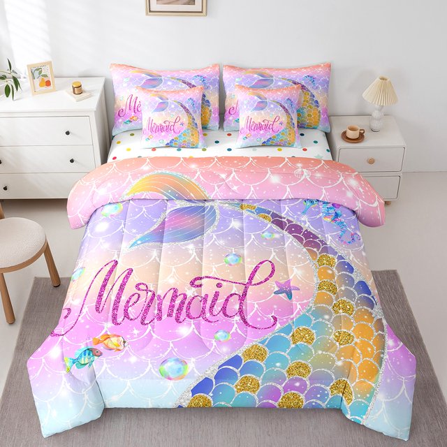 YST Mermaid Queue Ensemble de Literie Arc-en-Ciel 7 Pcs, Très Grand Lit – Ensemble de Draps Princesse Scintillant, Kawaii Réversible, Polyester