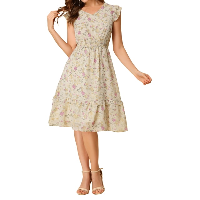 INSPIRE CHIC Robe Fleurie pour Femme Manches Volantées Col en V Smockée à Volants Robes Décontractées Abricot Foncé S