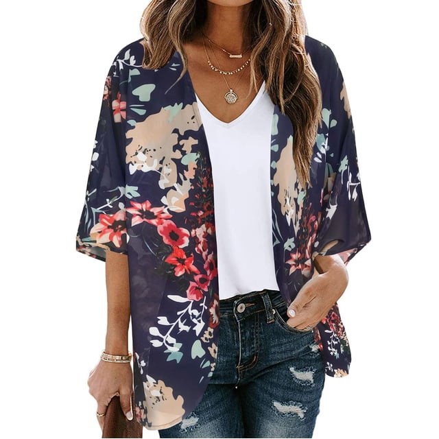 TIMIFIS Womens Floral Chiffon Kimono Cardigans Loose Beach Cover Up Half Sleeve Tops-Navy-3-XXXXLFall