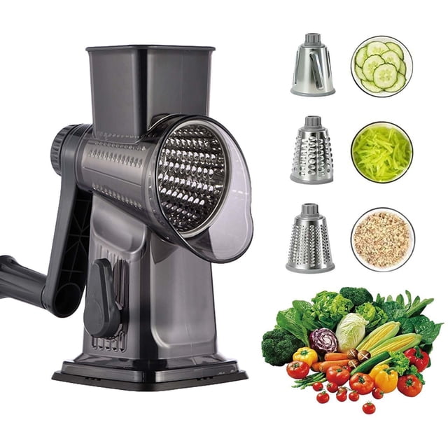Vacemry Multifunctional Vegetable Cutter, Hand Crank Roller with 3 Stainless Steel Blades for Slicing Chopping Grating, Efficient Kitchen Gadget for Home Cooking Meal Prep Restaurant Use