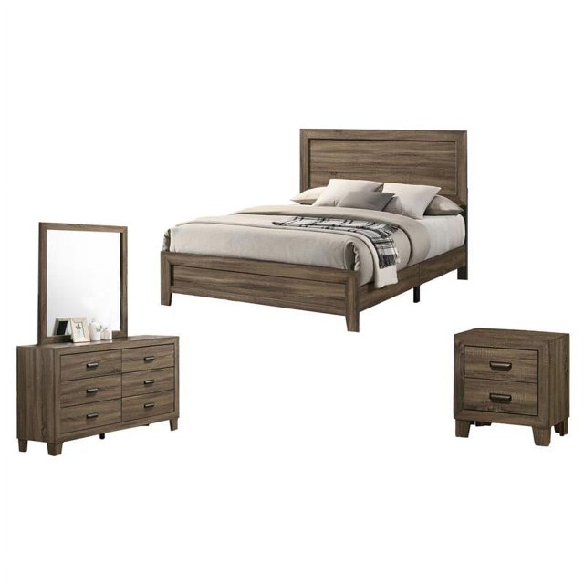Dark Walnut Wood 4pc Bedroom Set with Bed + Dresser + Mirror + Nightstand