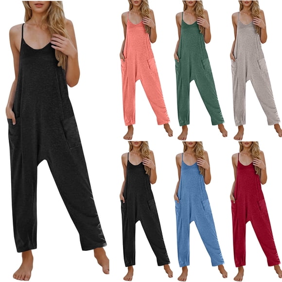 QATAINLAV Women's Casual V Neck Spaghetti Straps Jumpsuit Summer Sleeveles Baggy Cotton Overalls Solid Color Wide Leg One Piece Pants with Pockets Green S Sales of The Week