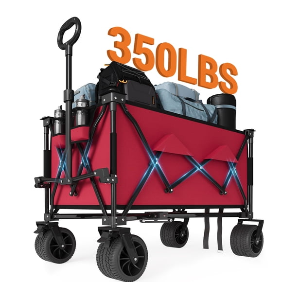 AKDSteel Heavy Duty 35" Foldable Wagon, 280L Extra Large Collapsible Wagon 350lbs Capacity for Camping and Beach Garden, All Terrain Wagon with Cup Holders for Sand