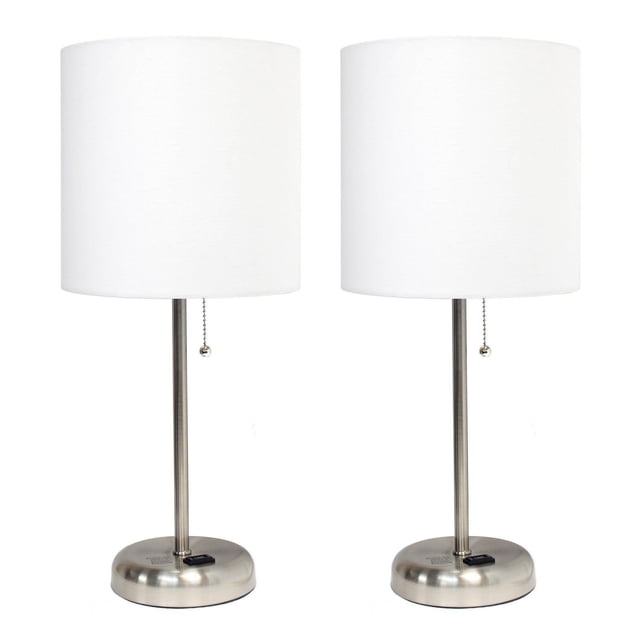 LimeLights Brushed Steel Stick Lamp with Charging Outlet and Fabric Shade 2 Pack Set featuring two table lamps with brushed steel round bases and slim rods, topped with white fabric drum shades, each with a pull chain switch and built-in 2-prong charging outlet, ideal for bedrooms, dorms, or offices.