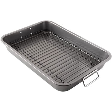 Chef Pomodoro Rôtissoire Antiadhésive en Acier au Carbone avec Grille Plate, 16 x 11 Pouces, Grande, Gris, Moule Rectangulaire pour Four BBQ Cuisson