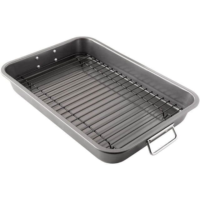 Chef Pomodoro Nonstick Carbon Steel Roasting Pan Roaster with Flat Rack, 16 x 11-Inch, Large, Grey, Bakeware Rectangular Oven BBQ Baking